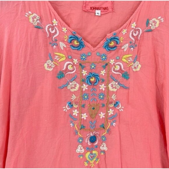 Johnny Was Shirt Womens XS Coral Pink Yellow Embroidered Blouse Bohemian Peasant - Picture 4 of 7